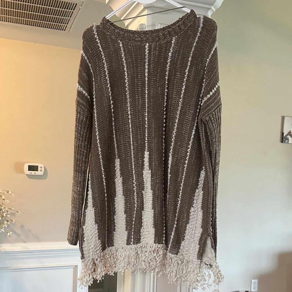 Style & Co. Brown and Cream Fringe Hem Knit Sweater